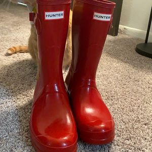 red calf length hunter rain boots
